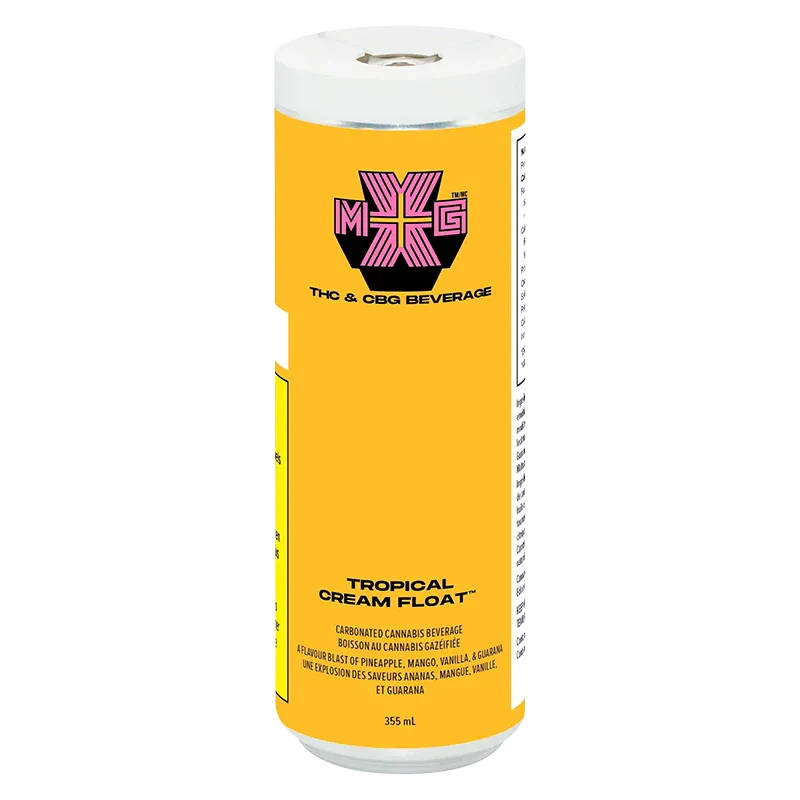 Front view of the 355 ml Tropical Cream Float can showing a bright yellow label with a pink and black MxG logo near the top.