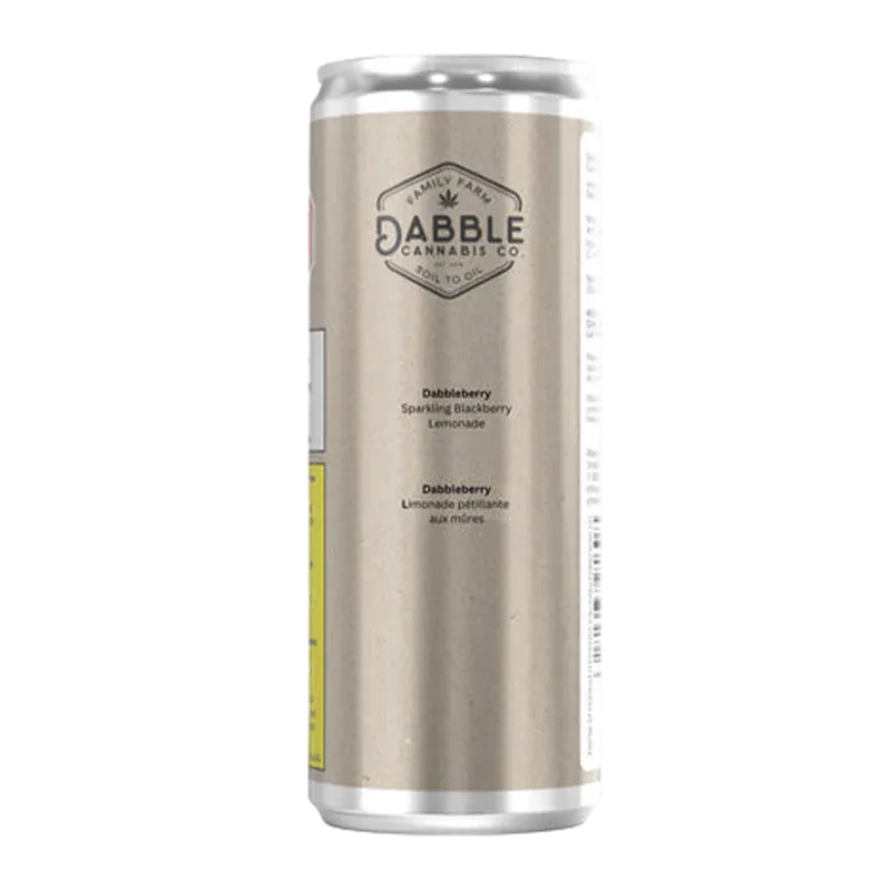 Centered front view of a tall can labeled Dabble Cannabis Co. Blackberry Lemonade Live Rosin with a muted tan background and minimalist black logo.