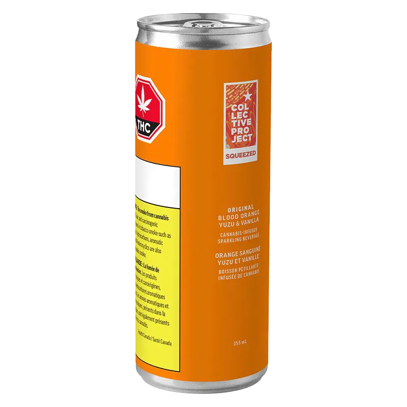 Tall three-quarter view of the Original Blood Orange, Yuzu & Vanilla can showing its bright orange label, logos and small white text.