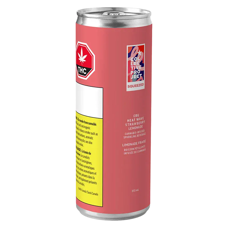 Angled front view of a 355 ml CBG Heat Wave (Strawberry Lemonade) can with coral label, warning panels and logo visible.