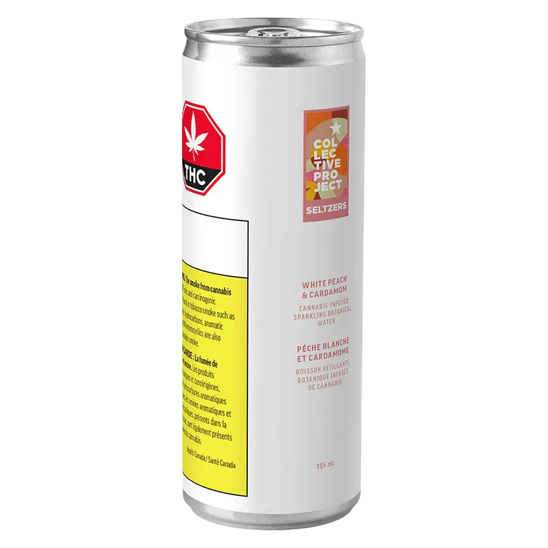 Tall right-side view of a white 355 ml Collective Project White Peach & Cardamom Sparkling Water can showing its logo, warning panel, and minimalist label.