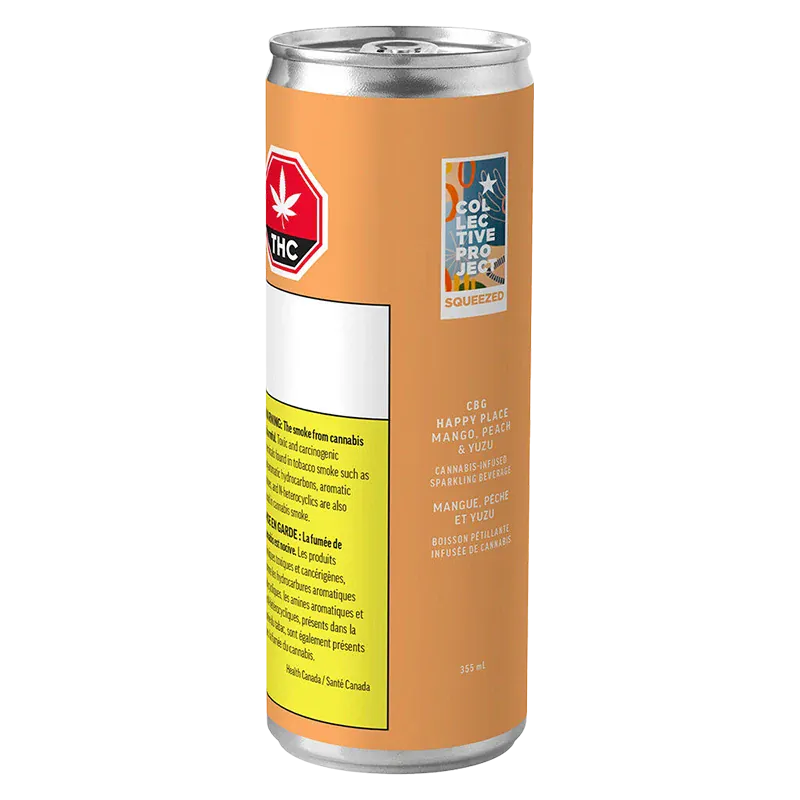 Tall three-quarter view of a 355 ml CBG Happy Place Mango, Peach & Yuzu can showing its orange label, warning icons, and small colorful logo.