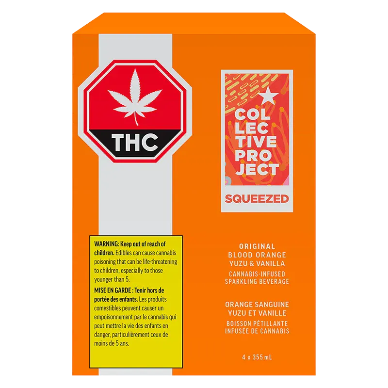 Front view of the bright orange Original Blood Orange Yuzu & Vanilla Sparkling Juice box showing a THC stop-sign label, product panel and warning block.