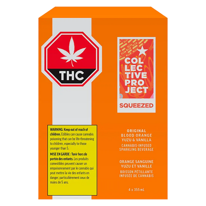 Front view of the bright orange Original Blood Orange Yuzu & Vanilla Sparkling Juice box showing a THC stop-sign label, product panel and warning block.