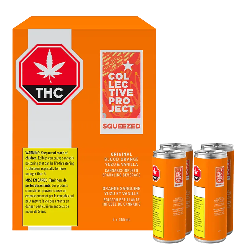 Front-facing shot of a bright orange box and four cans of Original Blood Orange Yuzu & Vanilla Sparkling Juice, the Collective Project branding and red THC symbol visible.
