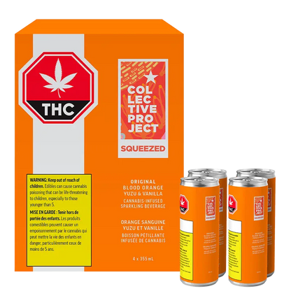 Front-facing shot of a bright orange box and four cans of Original Blood Orange Yuzu & Vanilla Sparkling Juice, the Collective Project branding and red THC symbol visible.