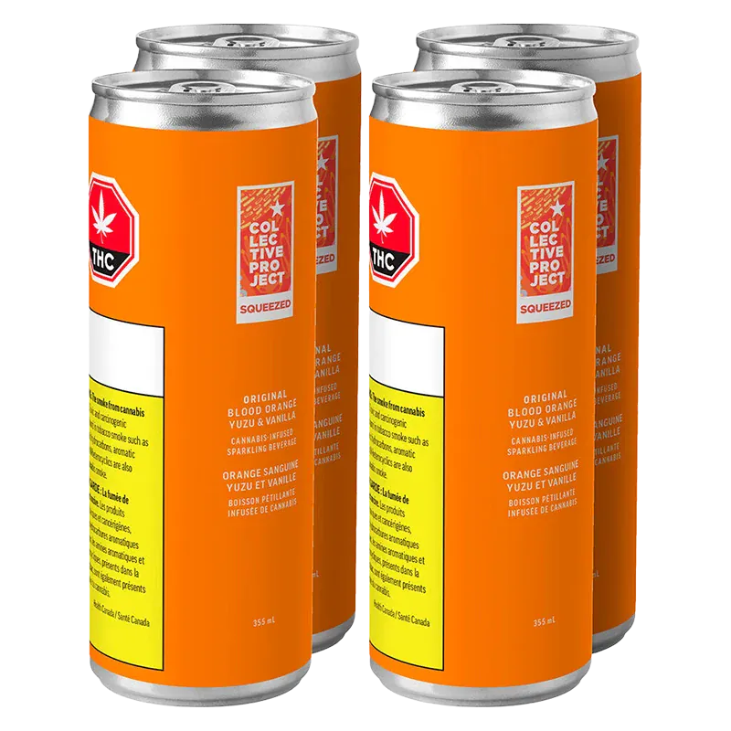 Three-quarter front view of four bright orange Original Blood Orange Yuzu & Vanilla Sparkling Juice cans grouped on a white background.