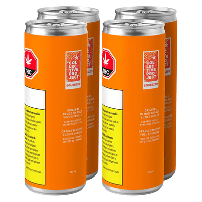 Three-quarter front view of four bright orange Original Blood Orange Yuzu & Vanilla Sparkling Juice cans grouped on a white background.