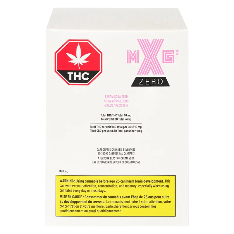 Back view of the Cream Soda Zero 4 Pack box showing a white panel with pink MXG Zero branding, a red THC symbol, ingredient text, and a yellow warning panel.