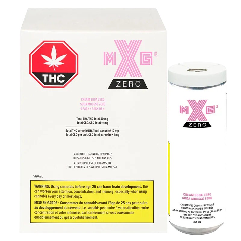 Box and can side-by-side showing the front of the Cream Soda Zero 4 Pack and matching can with pink MXG Zero logo on a white background.
