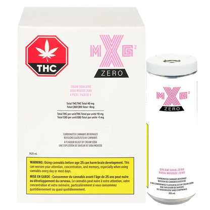 Box and can side-by-side showing the front of the Cream Soda Zero 4 Pack and matching can with pink MXG Zero logo on a white background.