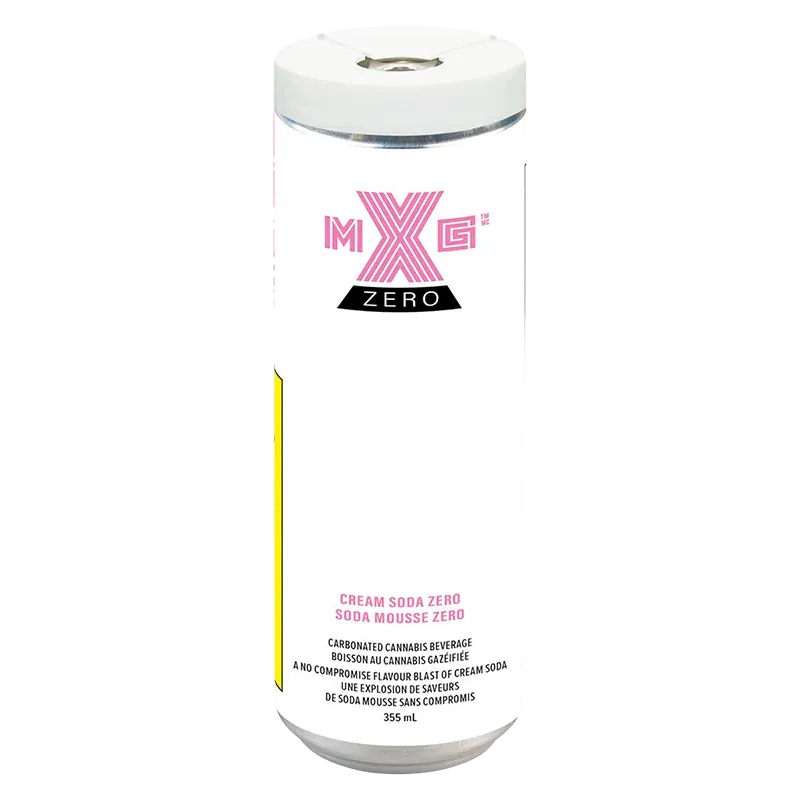 Tall front-facing can of Cream Soda Zero 4 Pack with a white label, pink MXG Zero logo and small product text near the base