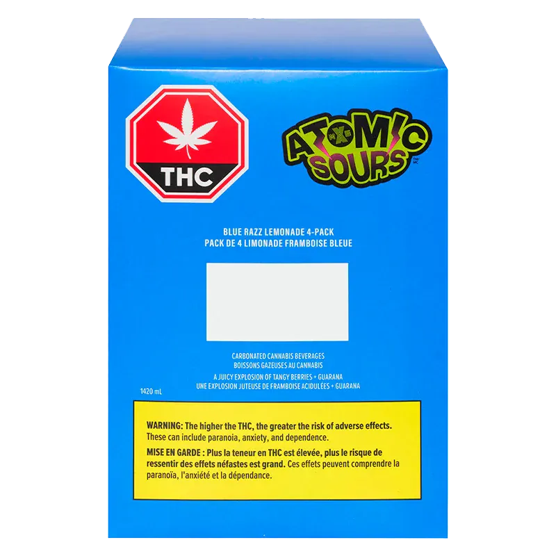 Rear view of the bright blue box labeled "Blue Razz Lemonade 4 Pack" with a THC stop sign and Atomic Sours logo visible.