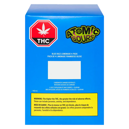 Rear view of the bright blue box labeled "Blue Razz Lemonade 4 Pack" with a THC stop sign and Atomic Sours logo visible.
