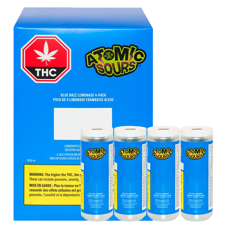 Front-facing shot of a Blue Razz Lemonade 4 Pack box with four blue Atomic Sours cans displayed in front.
