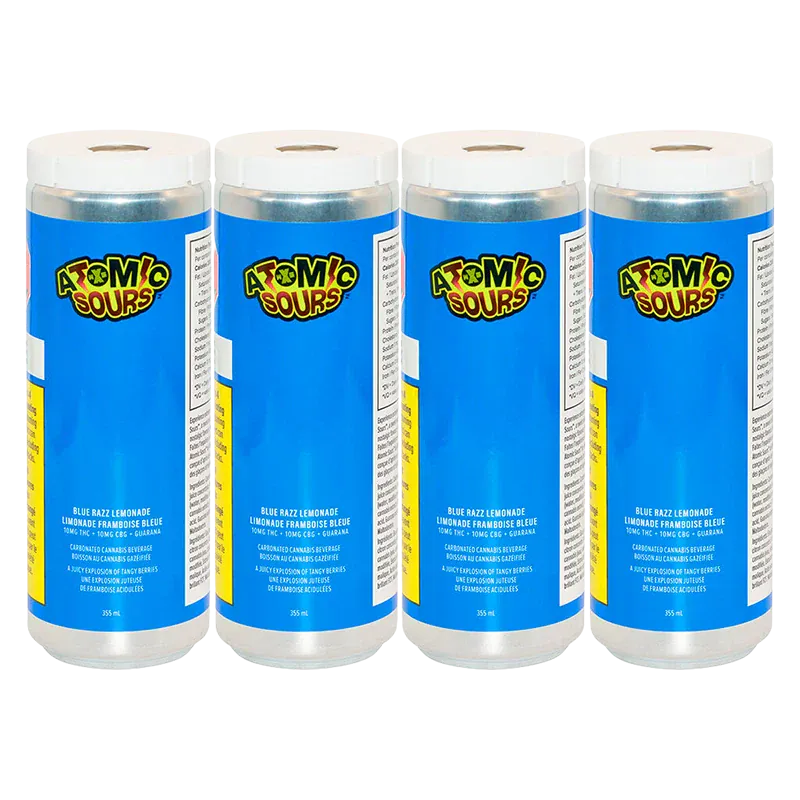 Front-facing row of four cans of Blue Razz Lemonade 4 Pack with bright blue labels and "Atomic Sours" logos against a white background.