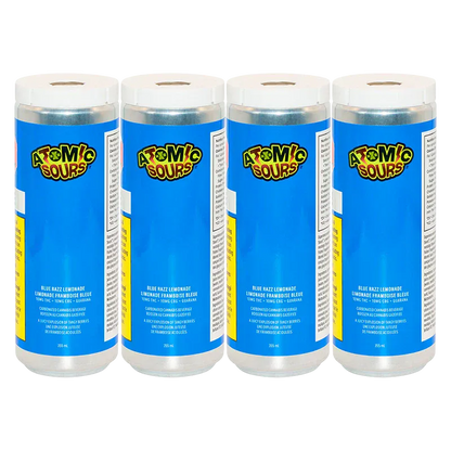 Front-facing row of four cans of Blue Razz Lemonade 4 Pack with bright blue labels and "Atomic Sours" logos against a white background.
