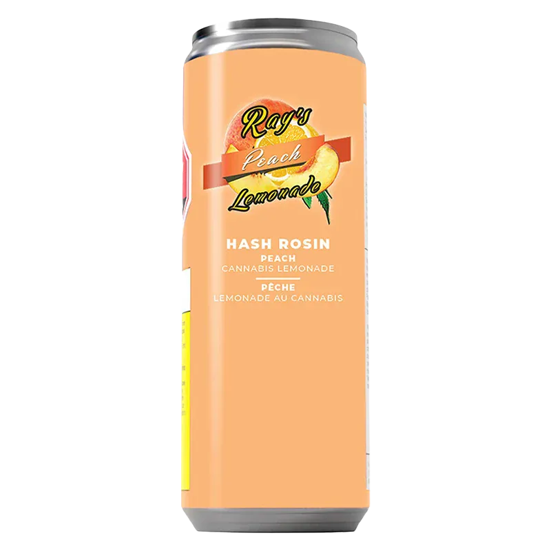 Tall front view of a 355 ml can of Ray’s Peach Rosin Lemonade with a peach-colored label and fruit illustration centered.
