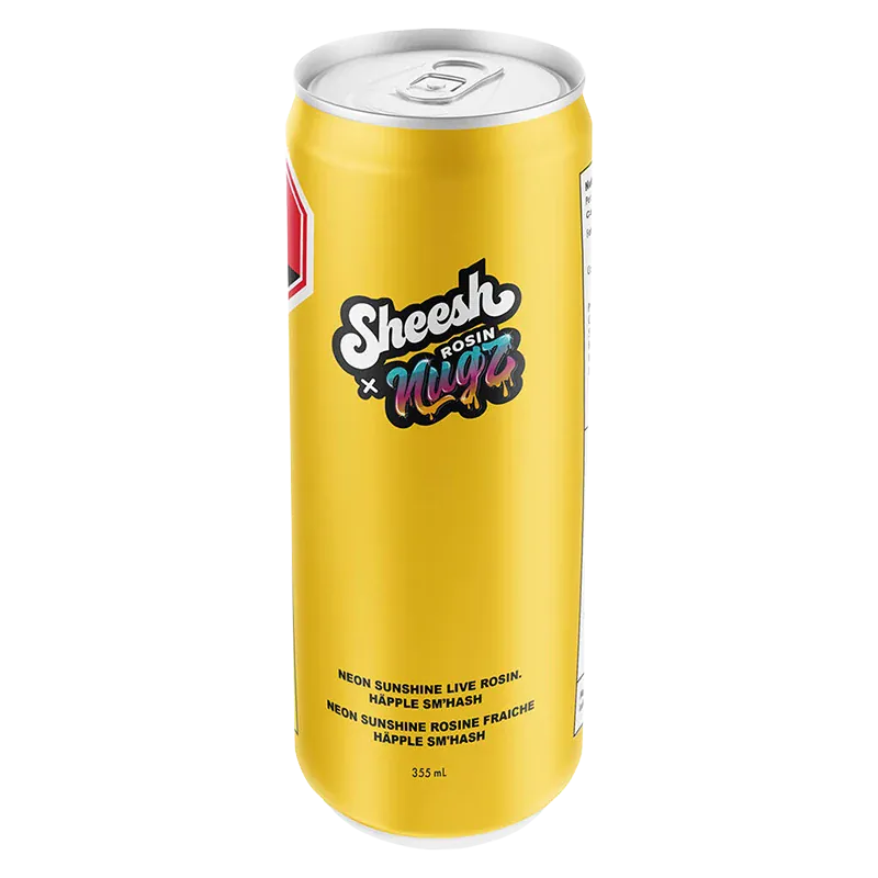 Front three-quarter view of a tall yellow can labeled Neon Sunshine Live Rosin Happle Sm'Hash centered on a white background.
