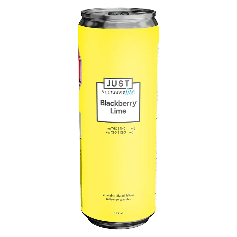 Tall front view of a bright yellow can labeled "Blackberry Lime 2.5 THC + 5 CBG Seltzer" on a white background.
