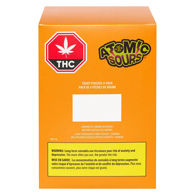 Back-facing view of the orange Foggy Peaches box showing THC symbol, Atomic Sours logo, and warning label.