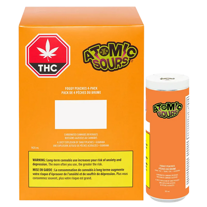 Front-facing pack shot of the bright orange Foggy Peaches Atomic Sours 1420 ml box with a single matching can beside it on a white background