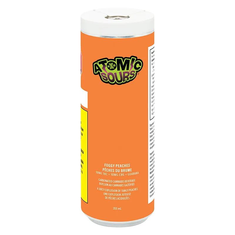 Center-front view of the tall orange Atomic Sours Foggy Peaches can showing the logo near the top and product text down the middle.