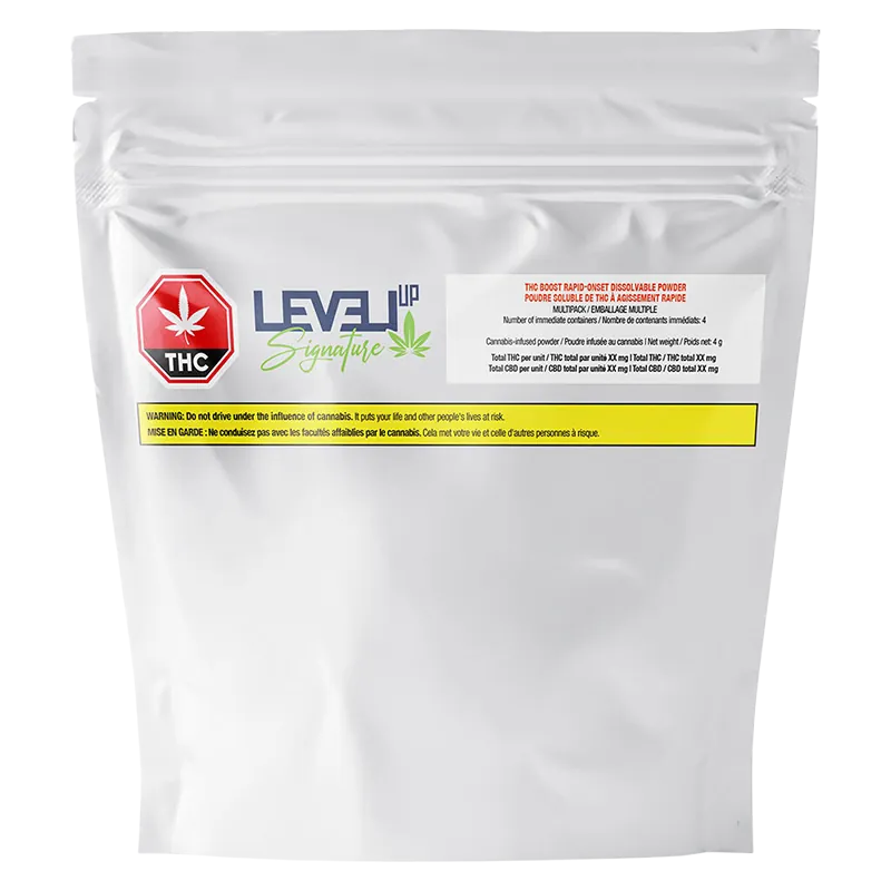 Front-facing shot of the silver pouch labeled "LEVEL UP Signature THC Boost Rapid-Onset Dissolvable Powder" with a red THC icon and yellow warning strip.