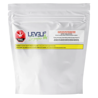 Front-facing shot of the silver pouch labeled "LEVEL UP Signature THC Boost Rapid-Onset Dissolvable Powder" with a red THC icon and yellow warning strip.