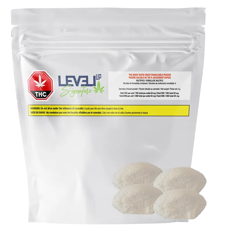Front-facing photo of a white resealable pouch labeled "LEVEL UP Signature THC Boost Rapid-Onset Dissolvable Powder" with four pale powder mounds visible at the bottom right.
