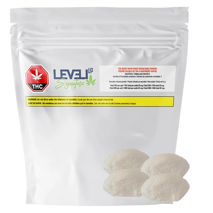Front-facing photo of a white resealable pouch labeled "LEVEL UP Signature THC Boost Rapid-Onset Dissolvable Powder" with four pale powder mounds visible at the bottom right.