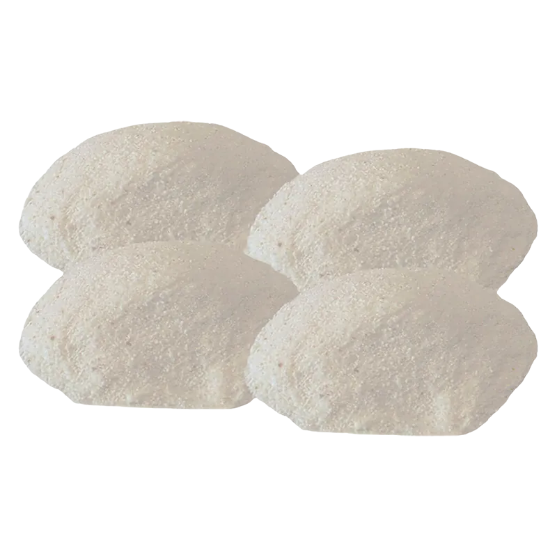Top-down view of four pale, granular powder mounds labeled THC Boost Rapid-Onset Dissolvable Powder shown against a white background