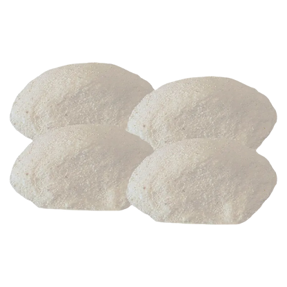 Top-down view of four pale, granular powder mounds labeled THC Boost Rapid-Onset Dissolvable Powder shown against a white background