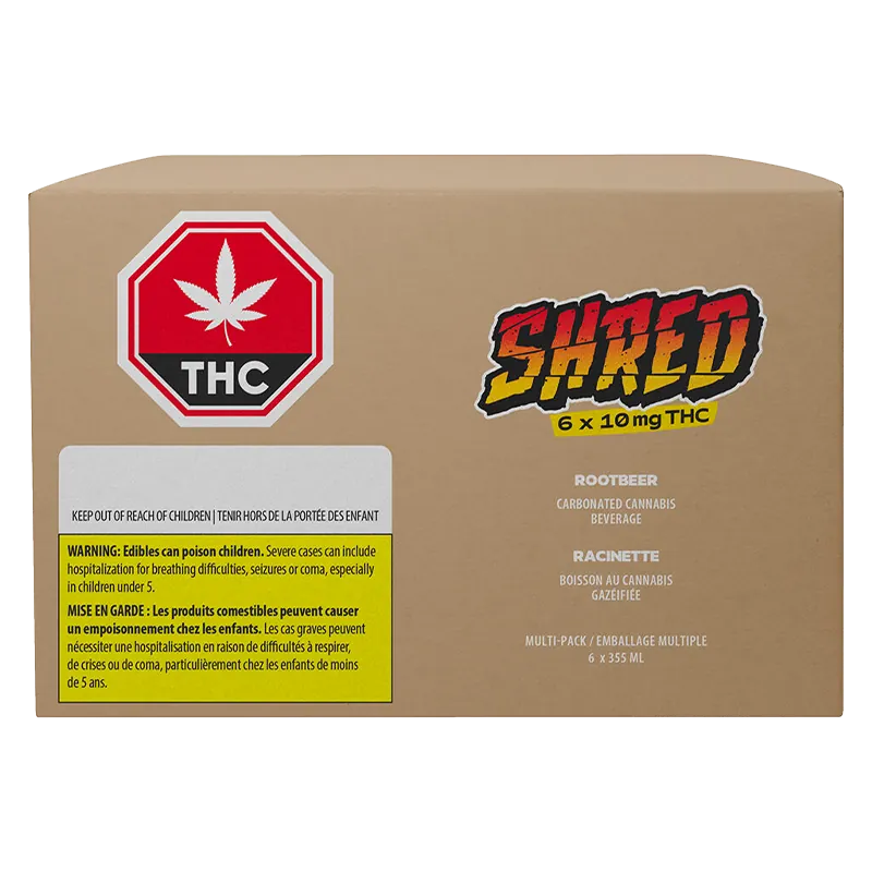 Front-facing shot of the Rootbeer 6 Pack cardboard multipack with bold SHRED logo and a red THC warning symbol.
