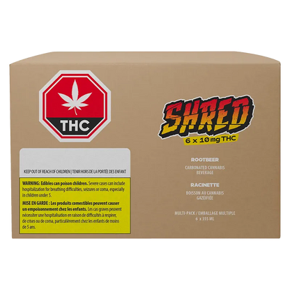 Front-facing shot of the Rootbeer 6 Pack cardboard multipack with bold SHRED logo and a red THC warning symbol.