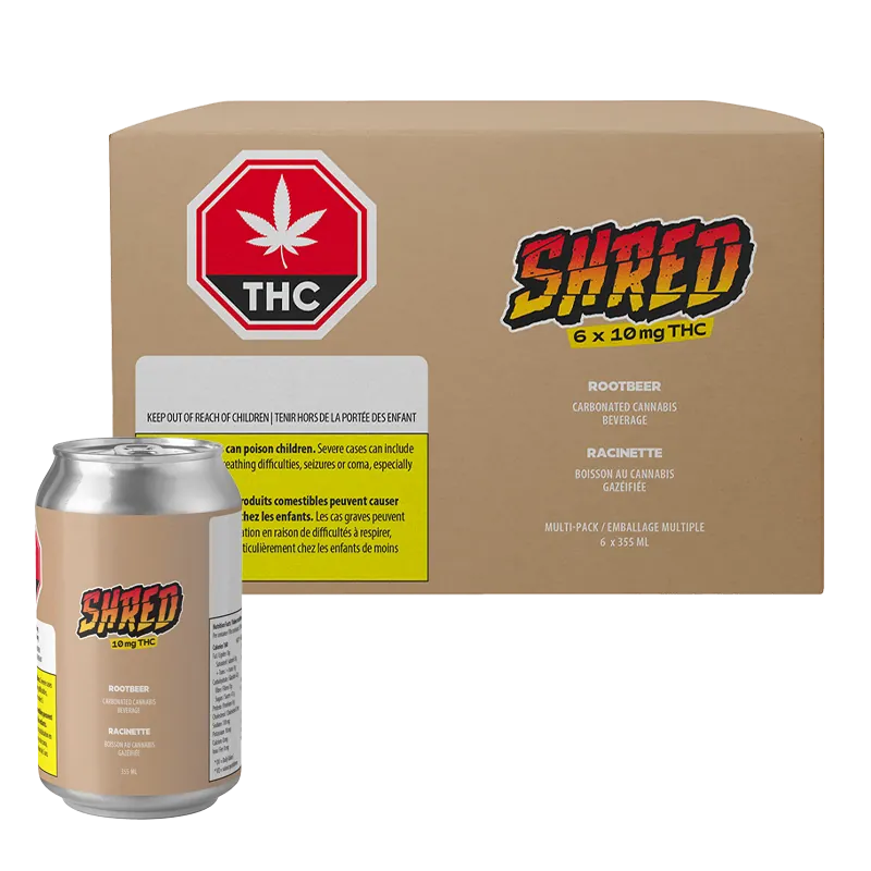 Front view of a Shred Rootbeer 6 Pack cardboard box and a single matching can set against a white background.