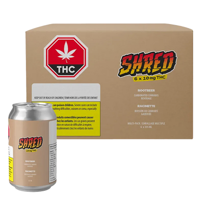 Front view of a Shred Rootbeer 6 Pack cardboard box and a single matching can set against a white background.