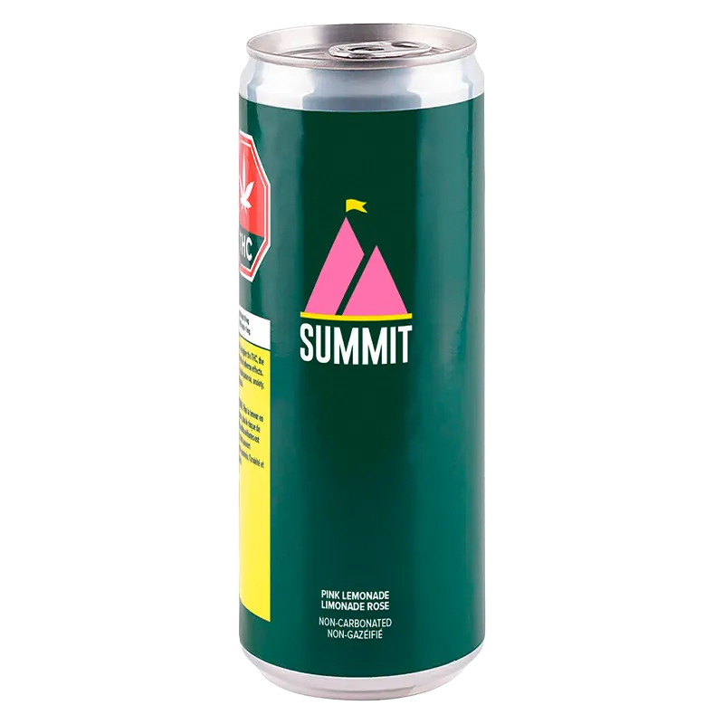 Front view of the Summit Pink Lemonade 355 ml can with a dark green label, pink mountain logo and yellow flag centered on a white background