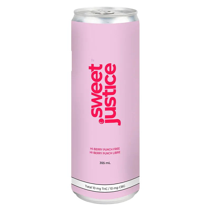 Tall front view of a pink 355 ml can labeled "Hi-Berry Punch Free (10+10CBG)" with bold vertical Sweet Justice branding.