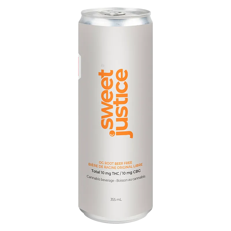Studio-lit front view of a 355 mL Sweet Justice OG Root Beer Free can with vertical orange logo on a pale background