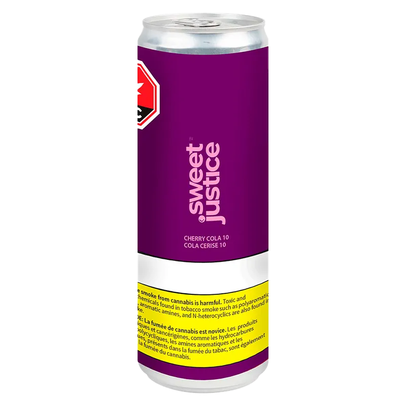 Tall frontal view of a 355 ml Sweet Justice Cherry Cola 10 can with a purple label, pink vertical logo, and a yellow warning band near the base.