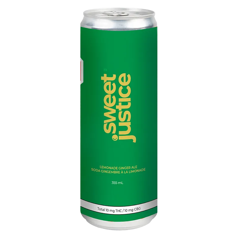 Tall front view of a green can labeled Sweet Justice Lemonade Ginger Ale (10+10CBG) against a white background.