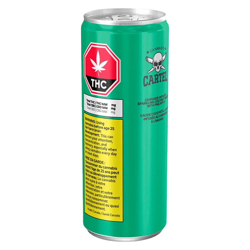 Three-quarter view of a teal 355 ml Sparkling Coconut Water with Pineapple can showing a red THC octagon and yellow warning panel on its side.