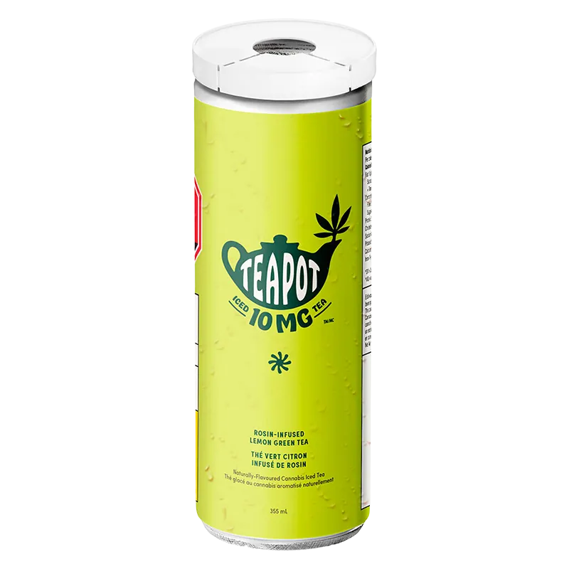 Tall front-facing can of Rosin Infused Lemon Green Tea with a bright lime-green label, condensation droplets, and centered teapot logo.
