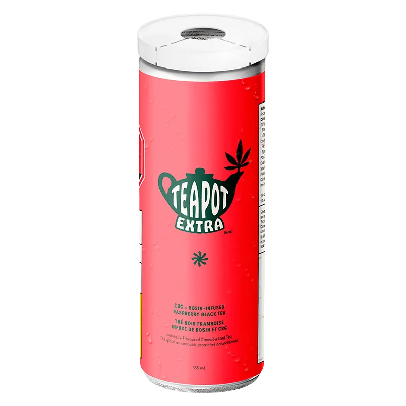 Tall front view of a red can labeled Teapot Extra CBG + Rosin Infused Raspberry Black Tea with condensation on its surface.