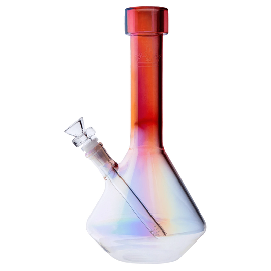 A front view of the 12-inch Queen of Bud Rose Quartz waterpipe, showing its smooth, clear glass construction.