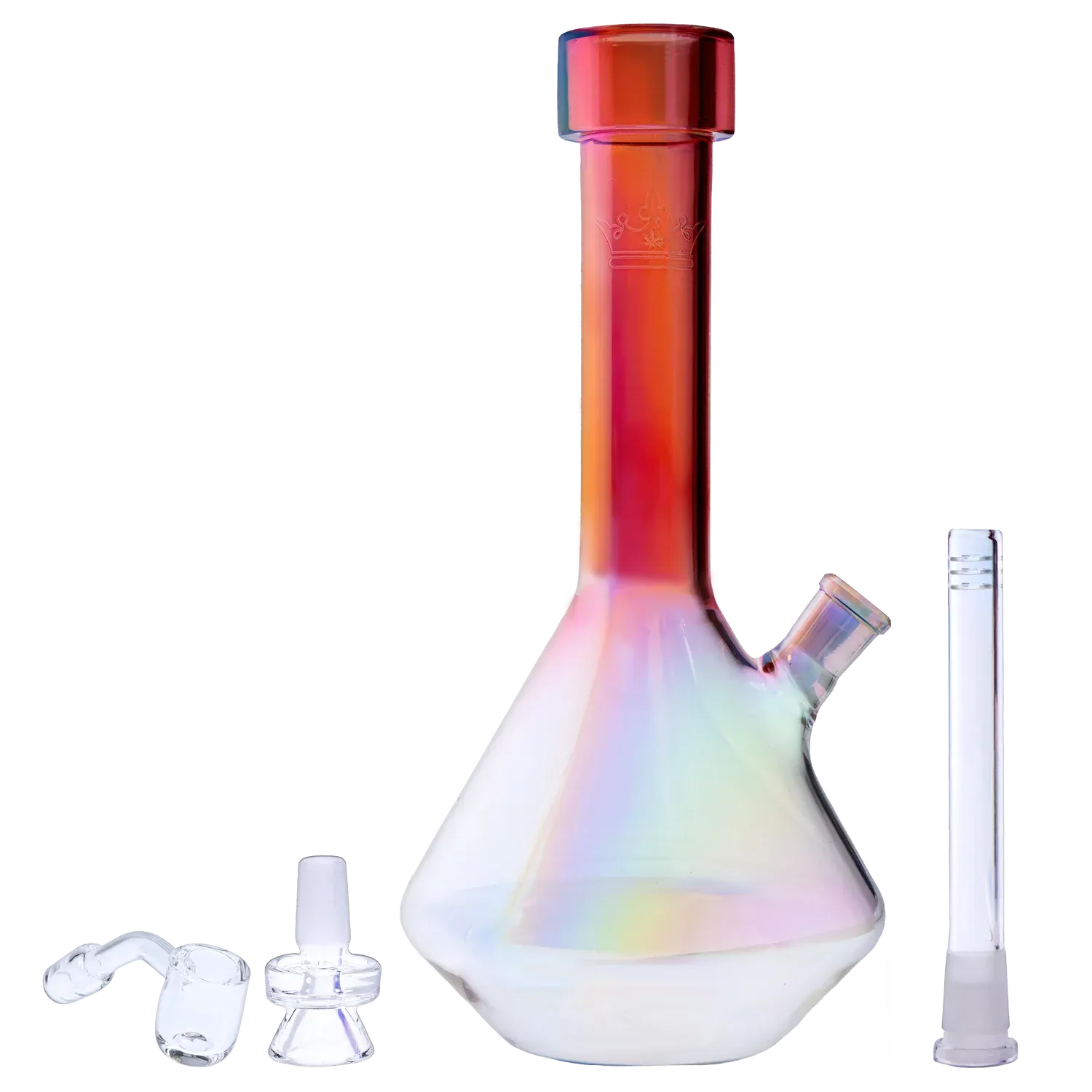 Front three-quarter view of the iridescent Queen of Bud Rose Quartz 12" Dual Use Waterpipe showing its flared beaker base, straight neck, and included glass accessories.
