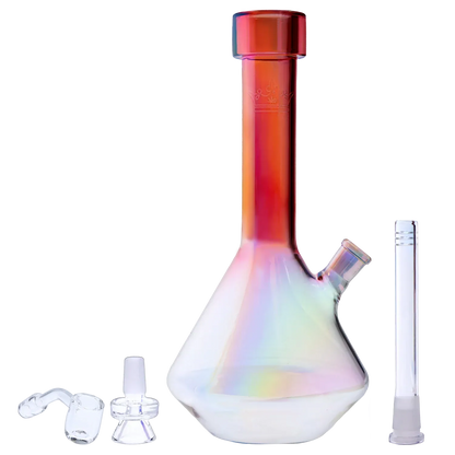 Front three-quarter view of the iridescent Queen of Bud Rose Quartz 12" Dual Use Waterpipe showing its flared beaker base, straight neck, and included glass accessories.