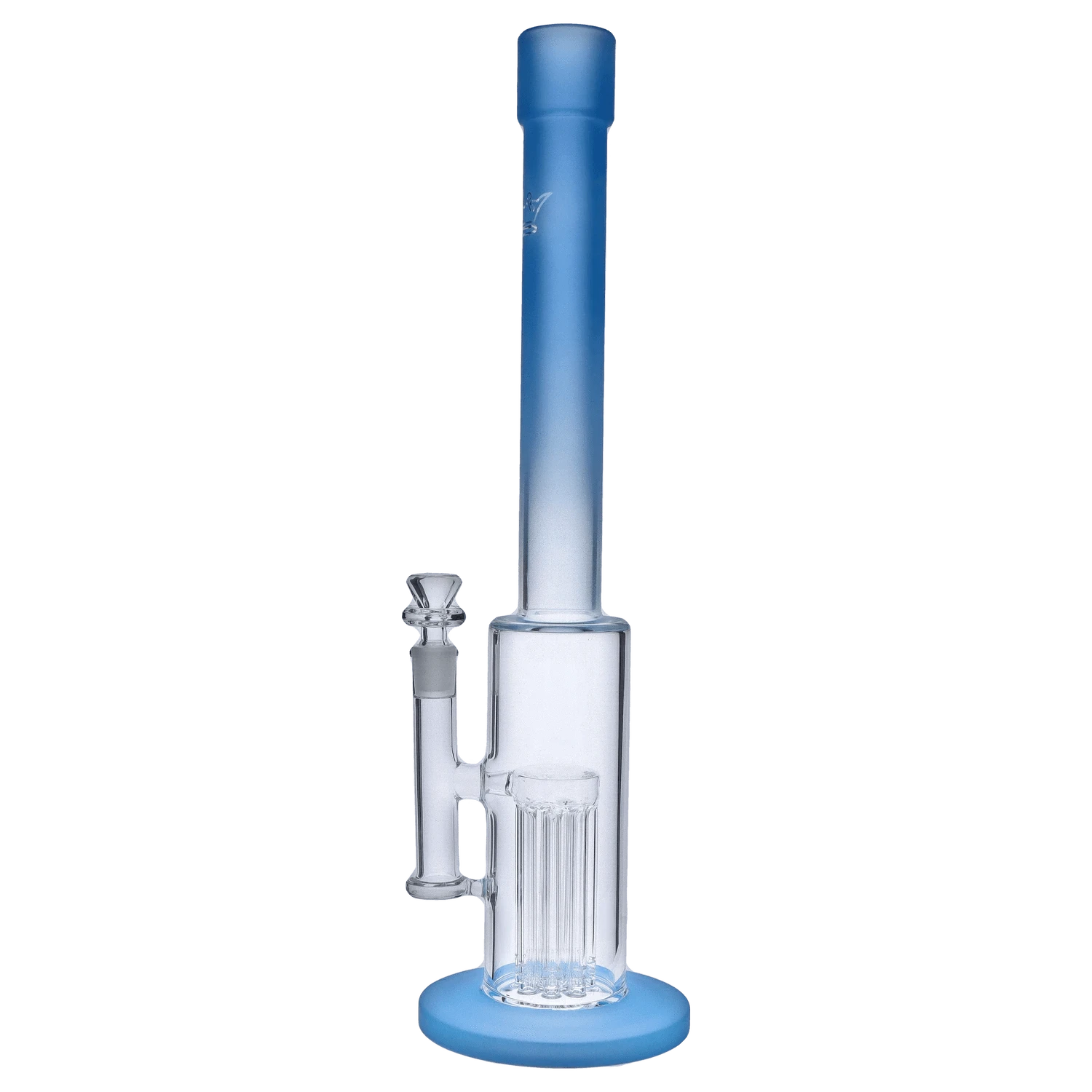 Front view of the 18-inch Queen of Bud Blue Topaz Special Edition waterpipe, showcasing its blue-tinted glass and simple beaker shape.