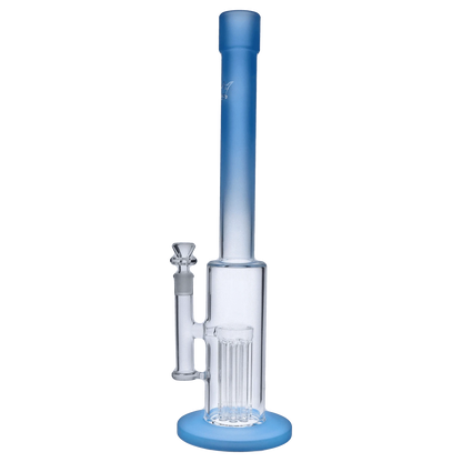 Front view of the 18-inch Queen of Bud Blue Topaz Special Edition waterpipe, showcasing its blue-tinted glass and simple beaker shape.